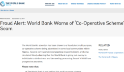 World Bank and Development Bank of Nigeria Warn Nigerians Against Fraudulent Multi-Purpose Co-operative Scheme World Bank and Development Bank of Nigeria Warn Nigerians Against Fraudulent Multi-Purpose Co-operative Scheme