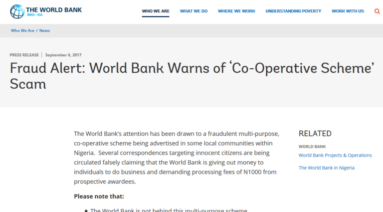 World Bank and Development Bank of Nigeria Warn Nigerians Against Fraudulent Multi-Purpose Co-operative Scheme