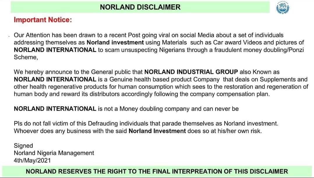  Norland Disclaimer