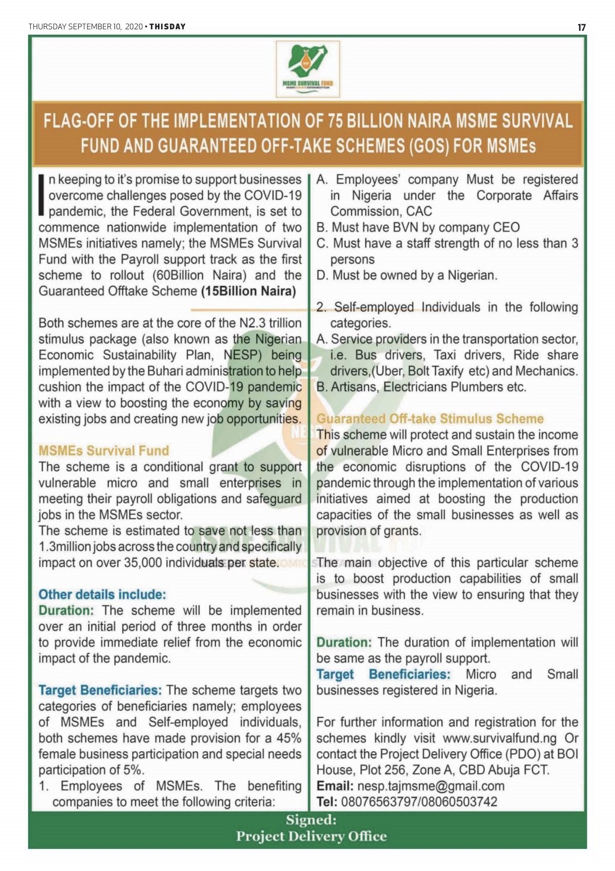 How to Apply for Covid 19 Nigerian Government 75Billion Naira MSME Survival Fund for Self Employed, Transporters, Artisans across Nigeria.