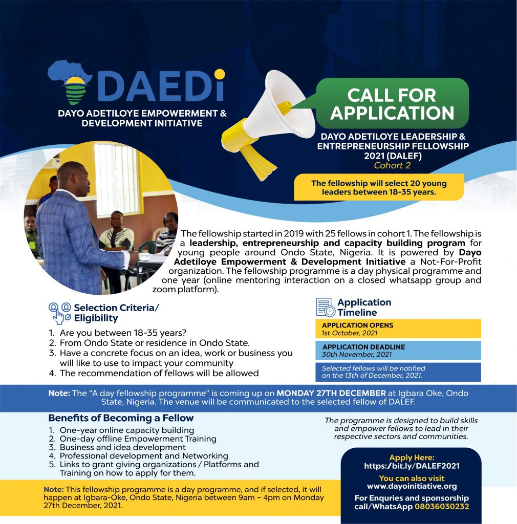 Apply For Dayo Adetiloye Leadership and Entrepreneurship Fellowship (DALEF) (2021) Cohort 2.