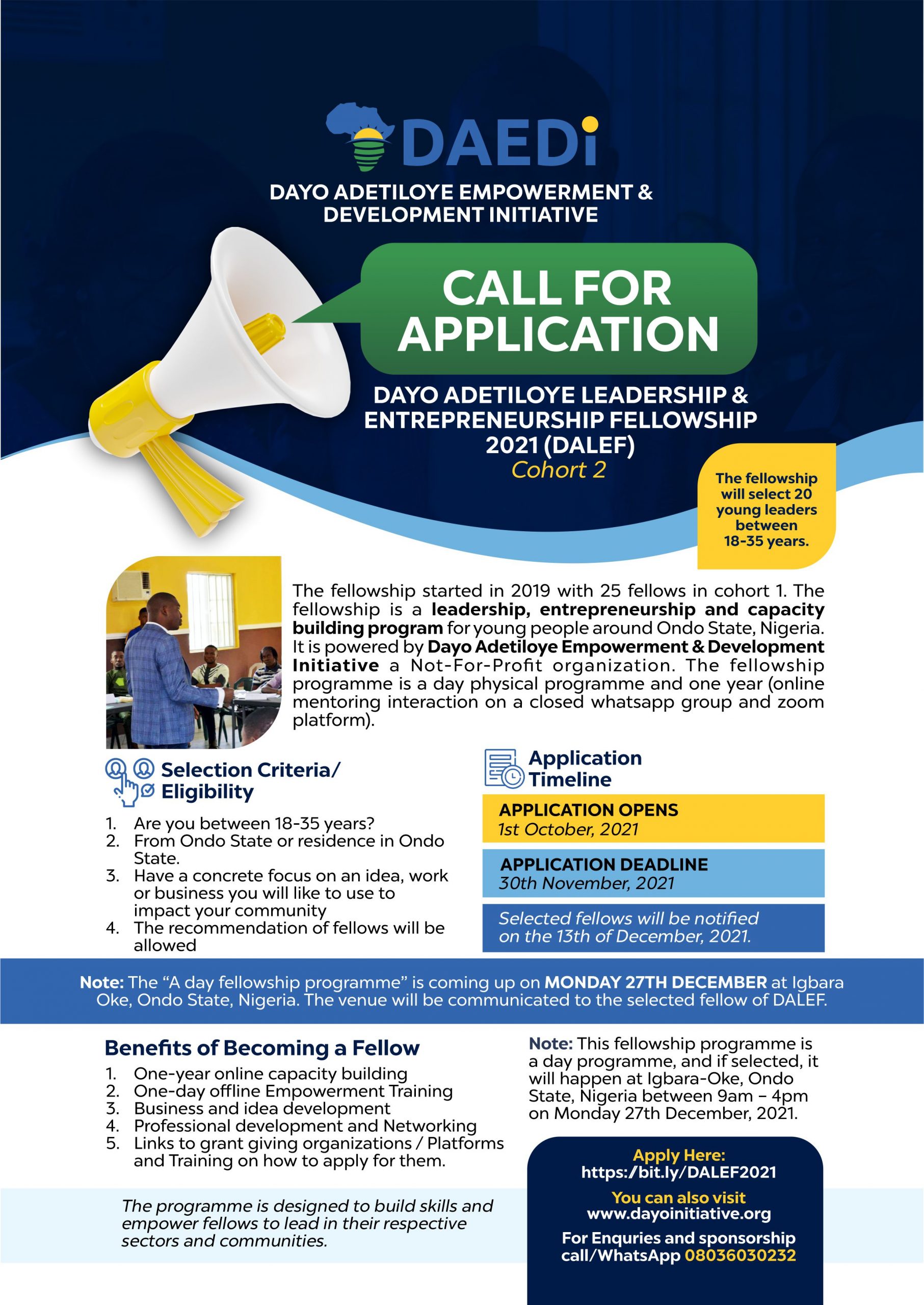 Apply For Dayo Adetiloye Leadership and Entrepreneurship Fellowship (DALEF) (2021) Cohort 2.